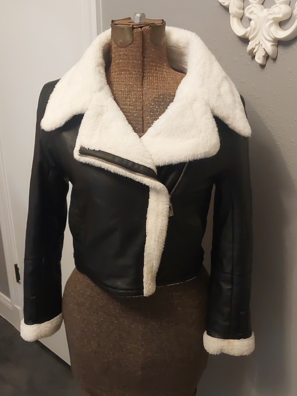 Black Faux Leather Bomber Jacket with White Sherpa Collar